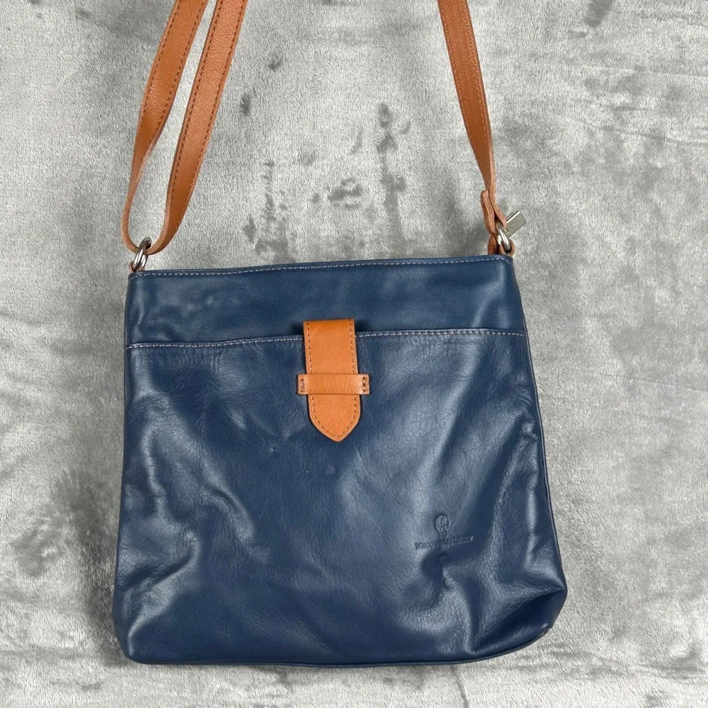 Borboletta Navy Blue Leather Crossbody Bag Tan Trim Adjustable Strap